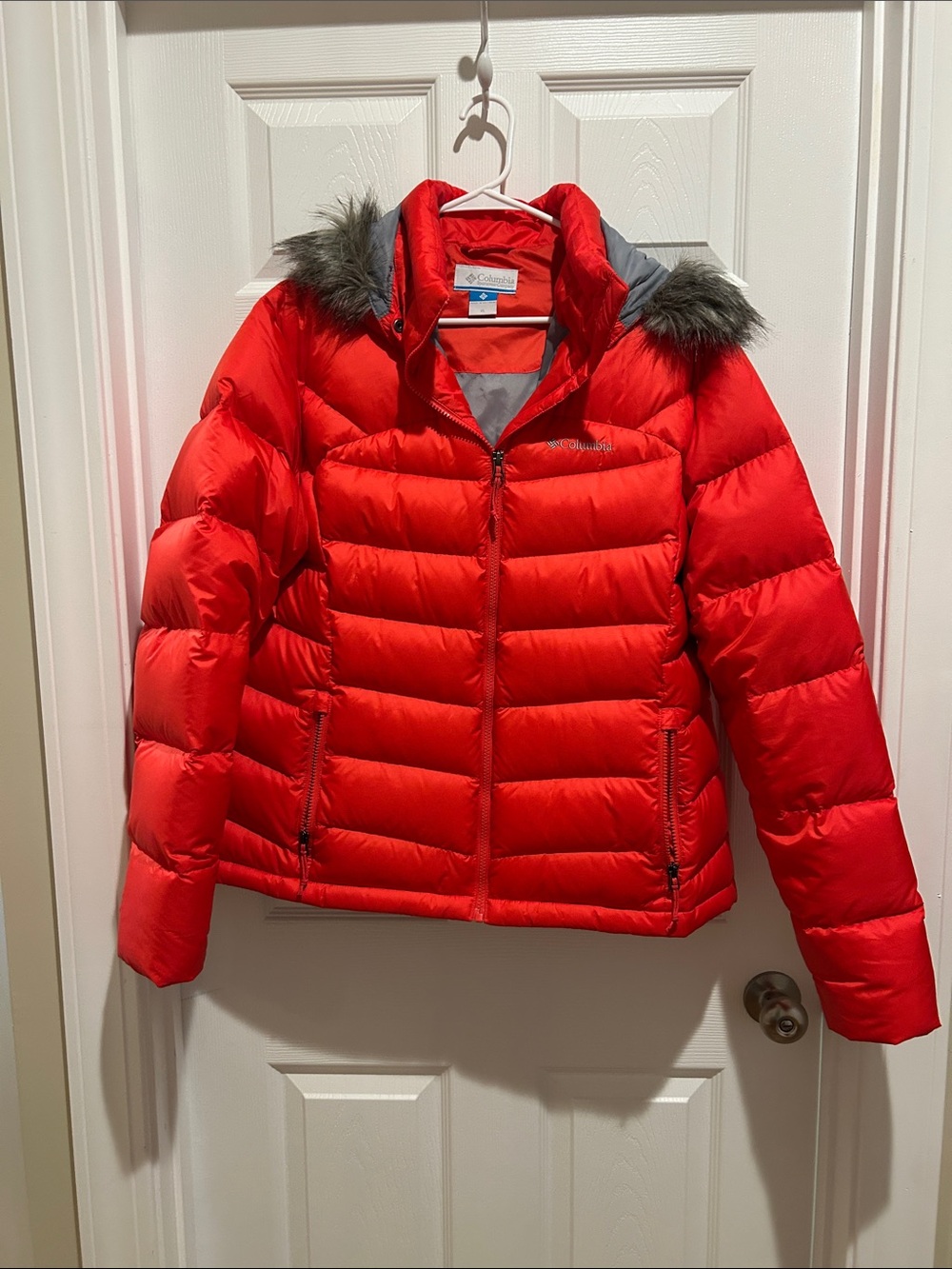 Columbia Women’s Bright Red Puffer Jacket with Faux Fur Hood